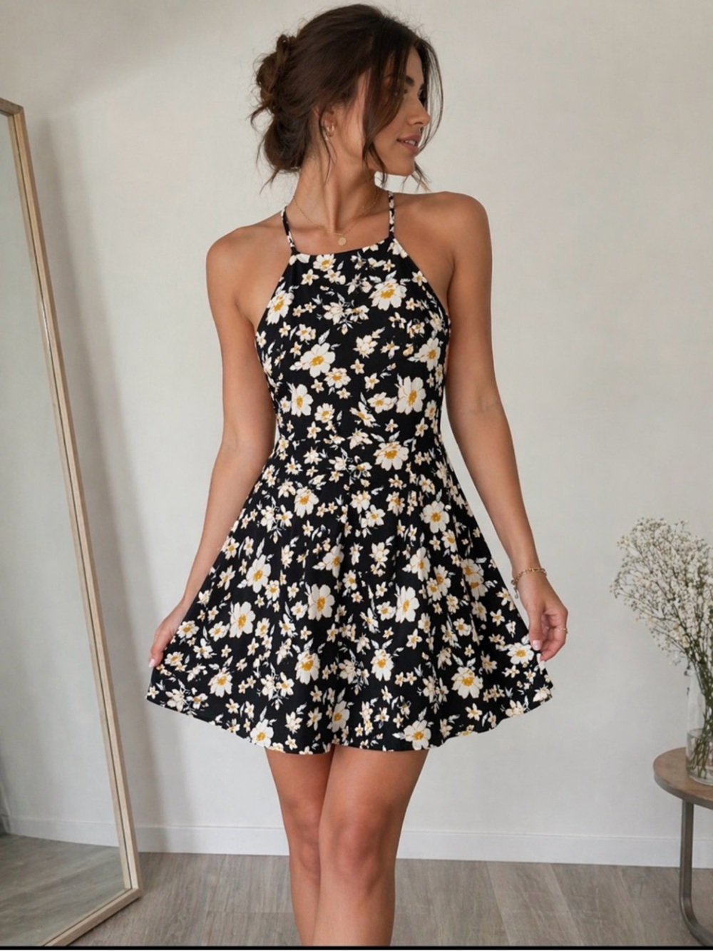 Forever 21 Black Halter Mini Dress with White & Yellow Floral Print